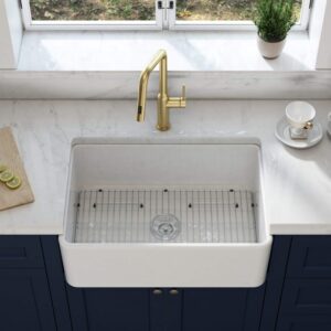 KIBI USA K2-SF30 Landis 30 Inch Fireclay Farmhouse Undermount Kitchen Sink with Bottom Grid and Strainer - White