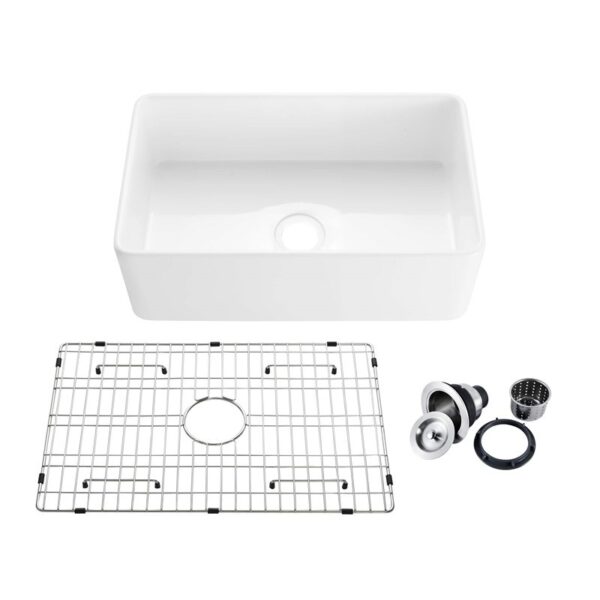 KIBI USA K2-SF30 Landis 30 Inch Fireclay Farmhouse Undermount Kitchen Sink with Bottom Grid and Strainer - White