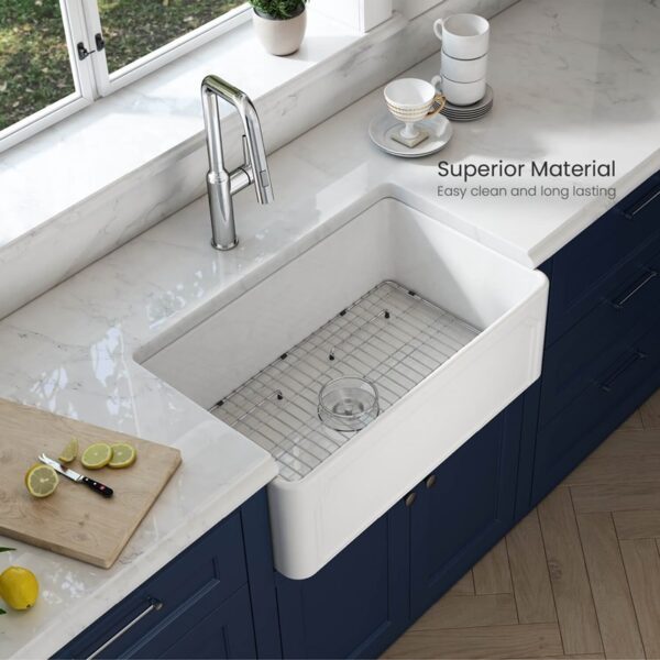 KIBI USA K2-SF30AR Arch 30 Inch Fireclay Farmhouse Undermount Kitchen Sink with Bottom Grid and Strainer - White