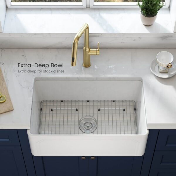 KIBI USA K2-SF30AR Arch 30 Inch Fireclay Farmhouse Undermount Kitchen Sink with Bottom Grid and Strainer - White