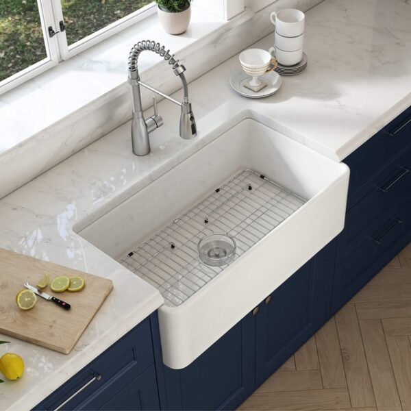 KIBI USA K2-SF33 Pure 33 Inch Fireclay Farmhouse Undermount Kitchen Sink with Bottom Grid and Strainer - White