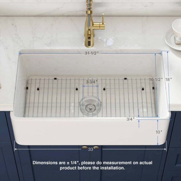 KIBI USA K2-SF33 Pure 33 Inch Fireclay Farmhouse Undermount Kitchen Sink with Bottom Grid and Strainer - White