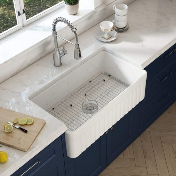 KIBI USA K2-SF33PI Pillar 33 Inch Fireclay Farmhouse Undermount Kitchen Sink with Bottom Grid and Strainer - White