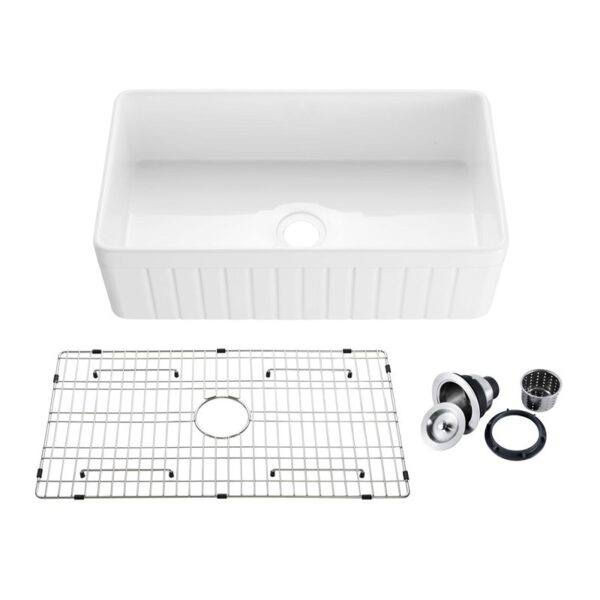 KIBI USA K2-SF33PI Pillar 33 Inch Fireclay Farmhouse Undermount Kitchen Sink with Bottom Grid and Strainer - White