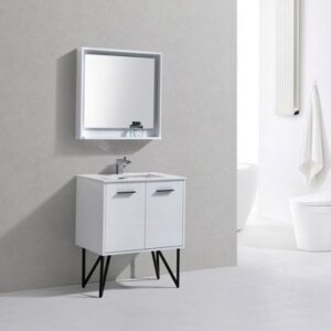 Kubebath KB30GW Bosco 30 Inch Modern Bathroom Vanity with Quartz Countertop and Matching Mirror