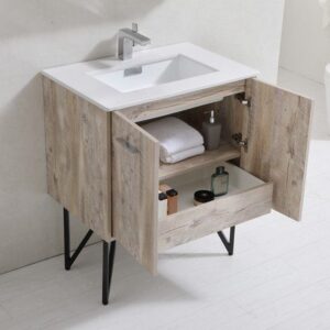 Kubebath KB30NW Bosco 30 Inch Modern Bathroom Vanity with Quartz Countertop and Matching Mirror