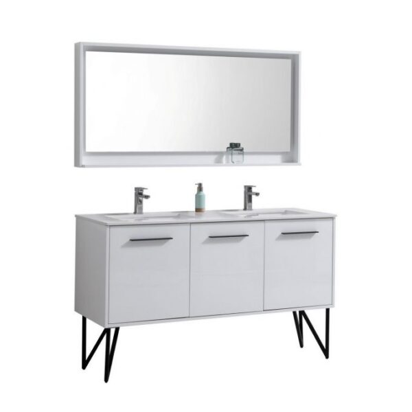 Kubebath KB60DGW Bosco 60 Inch Double Sink Modern Bathroom Vanity  with Quartz Countertop and Matching Mirror