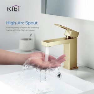 KIBI USA KBF1002 Cubic 6 3/4 Inch Single Hole Deck Mounted Solid Brass Single-Handle Bathroom Vanity Sink Faucet with Water Hose