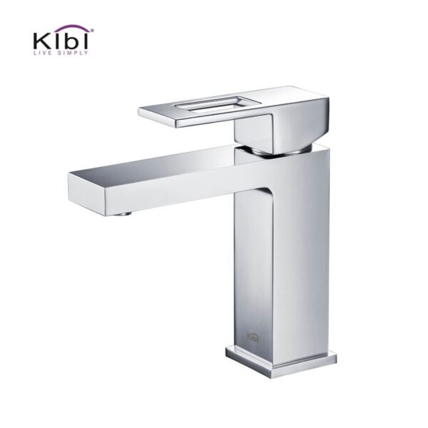 KIBI USA KBF1002 Cubic 6 3/4 Inch Single Hole Deck Mounted Solid Brass Single-Handle Bathroom Vanity Sink Faucet with Water Hose