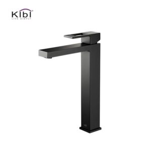 KIBI USA KBF1003 Cubic 12 3/8 Inch Single Hole Deck Mounted Lead Free Solid Brass Single Handle Bathroom Vanity Sink Faucet with Water Hose