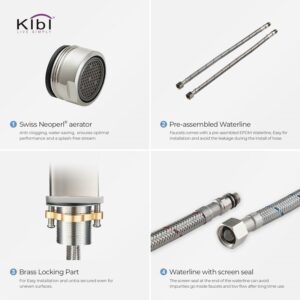 KIBI USA KBF1003 Cubic 12 3/8 Inch Single Hole Deck Mounted Lead Free Solid Brass Single Handle Bathroom Vanity Sink Faucet with Water Hose