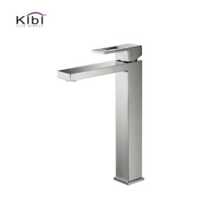 KIBI USA KBF1003 Cubic 12 3/8 Inch Single Hole Deck Mounted Lead Free Solid Brass Single Handle Bathroom Vanity Sink Faucet with Water Hose