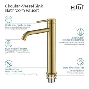 KIBI USA KBF1009 Circular 11 3/8 Inch Single Hole Deck Mounted Luxury Solid Brass Single Hole Bathroom Vessel Sink Faucet