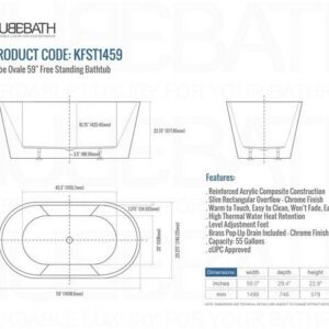 Kubebath KFST1459 Kube Ovale 59 Inch White Free Standing Bathtub