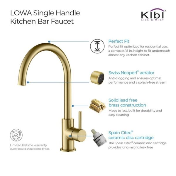 KIBI USA KKF2001 Lowa 14 3/4 Inch Single Hole Deck Mount High Arc Single Level Bar Prep Kitchen Faucet with Single Handle