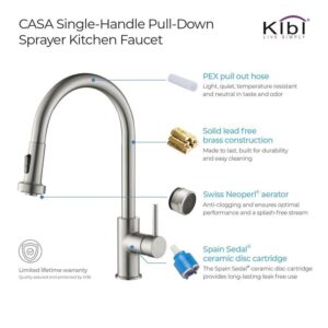 KIBI USA KKF2002 Casa 16 1/2 Inch Single Hole Deck Mount Single Level Pull-Down Kitchen Faucet with Sprayer