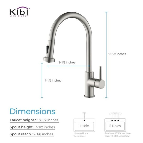 KIBI USA KKF2002 Casa 16 1/2 Inch Single Hole Deck Mount Single Level Pull-Down Kitchen Faucet with Sprayer