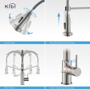 KIBI USA KKF2004 Lodi 19 1/8 Inch Single Hole Deck Mount Pull-Out Single Level Lead Free Brass Kitchen Faucet with Sprayer and Magnetic Docking