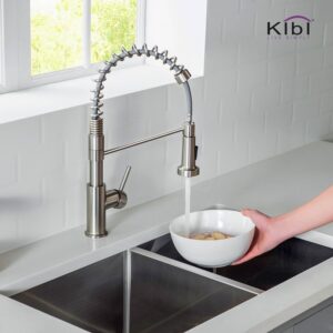 KIBI USA KKF2004 Lodi 19 1/8 Inch Single Hole Deck Mount Pull-Out Single Level Lead Free Brass Kitchen Faucet with Sprayer and Magnetic Docking