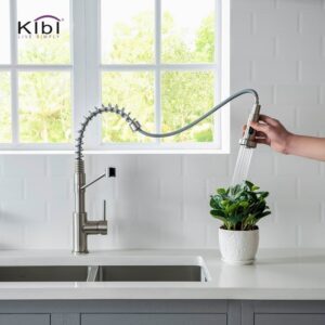 KIBI USA KKF2004 Lodi 19 1/8 Inch Single Hole Deck Mount Pull-Out Single Level Lead Free Brass Kitchen Faucet with Sprayer and Magnetic Docking