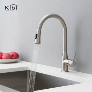 KIBI USA KKF2005 Napa 16 1/4 Inch Single Hole Deck Mount High Arc Pull-Out Single Level Lead Free Brass Kitchen Faucet with Sprayer and Magnetic Docking