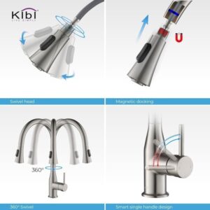 KIBI USA KKF2005 Napa 16 1/4 Inch Single Hole Deck Mount High Arc Pull-Out Single Level Lead Free Brass Kitchen Faucet with Sprayer and Magnetic Docking