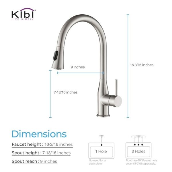 KIBI USA KKF2005 Napa 16 1/4 Inch Single Hole Deck Mount High Arc Pull-Out Single Level Lead Free Brass Kitchen Faucet with Sprayer and Magnetic Docking