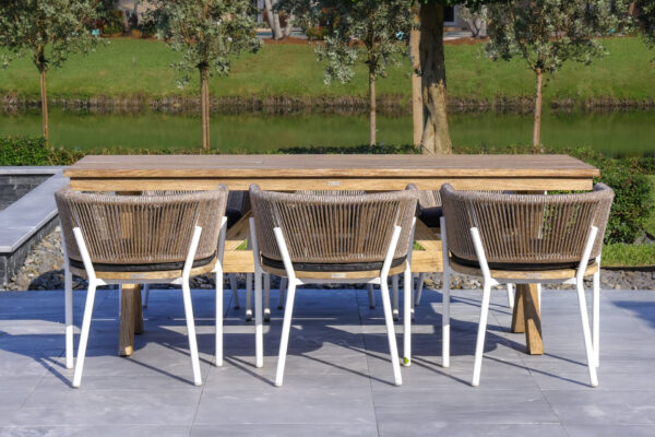 OUTSY Santino + Melina 7-Piece Outdoor Dining Set - Wood Dining Table and 6 Rope Backing Chairs with Milk and Coffee Legs