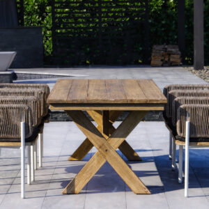 OUTSY Santino + Melina 7-Piece Outdoor Dining Set - Wood Dining Table and 6 Rope Backing Chairs with Milk and Coffee Legs