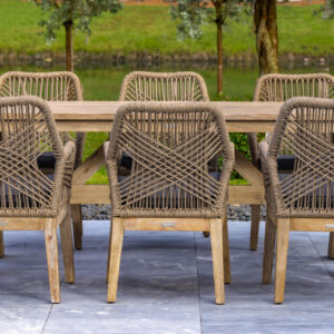 OUTSY Santino + Melina 7-Piece Outdoor Dining Set - Wood Dining Table and 6 Rope Backing Chairs with White Legs