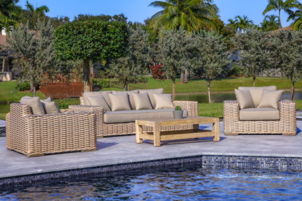 OUTSY Anna Lux 4-Piece Outdoor Extra Deep Seating Wicker Aluminum Frame Furniture Set with Wood Coffee Table in White and Grey