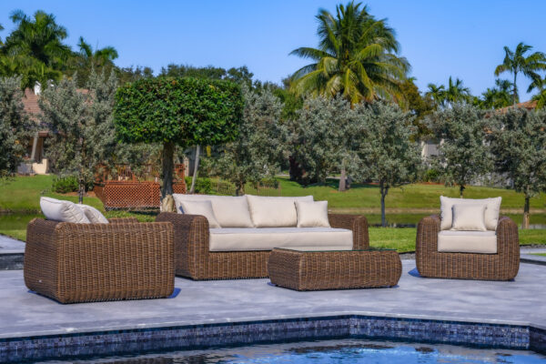 OUTSY Milo Lux 4-Piece Outdoor and Backyard Extra Deep Seating Wicker Aluminum Frame Furniture Set with Wicker Coffee Table in Brown