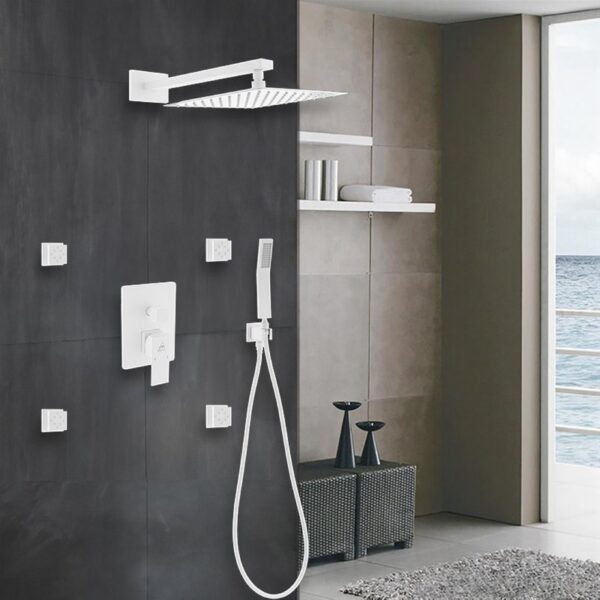 Kubebath KB WR3004JHH3V Aqua Piazza Shower Set with 12 Inch Square Rain Shower, Handheld and 4 Body Jets