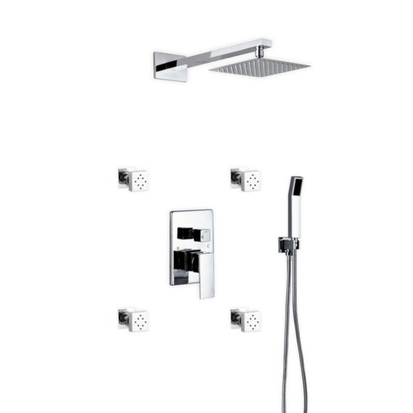 Kubebath KB WR2004JHH3V Aqua Piazza Brass Shower Set with 8 Inch Square Rain Shower, 4 Body Jets and Handheld