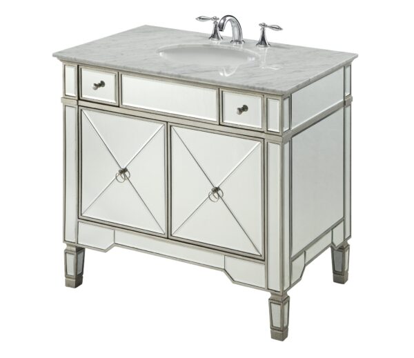 Chans Furniture YR-023RA-36 Ashlyn 36 Inch Silver Mirrored Bathroom Sink Vanity, Carrera Marble Countertop