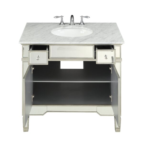 Chans Furniture YR-023RA-36 Ashlyn 36 Inch Silver Mirrored Bathroom Sink Vanity, Carrera Marble Countertop