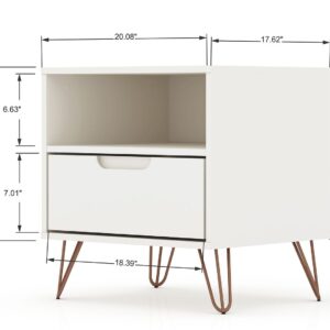 Manhattan Comfort Rockefeller 1.0 Mid-Century- Modern Nightstand with 1-Drawer in White