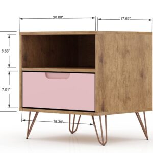 Manhattan Comfort Rockefeller 1.0 Mid-Century- Modern Nightstand with 1-Drawer in Nature and Rose Pink