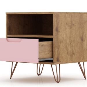 Manhattan Comfort Rockefeller 1.0 Mid-Century- Modern Nightstand with 1-Drawer in Nature and Rose Pink