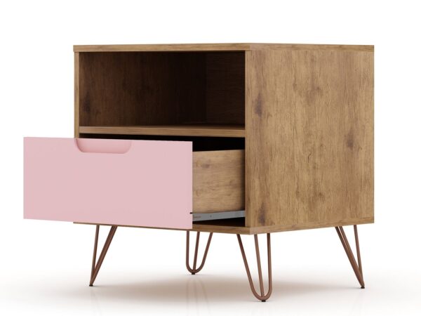 Manhattan Comfort Rockefeller 1.0 Mid-Century- Modern Nightstand with 1-Drawer in Nature and Rose Pink