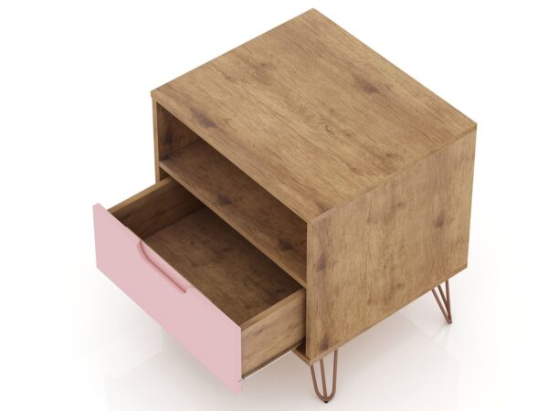 Manhattan Comfort Rockefeller 1.0 Mid-Century- Modern Nightstand with 1-Drawer in Nature and Rose Pink