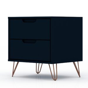 Manhattan Comfort Rockefeller 2.0 Mid-Century- Modern Nightstand with 2-Drawer in Tatiana Midnight Blue