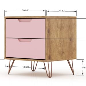 Manhattan Comfort Rockefeller 2.0 Mid-Century- Modern Nightstand with 2-Drawer in Nature and Rose Pink