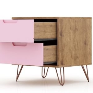 Manhattan Comfort Rockefeller 2.0 Mid-Century- Modern Nightstand with 2-Drawer in Nature and Rose Pink