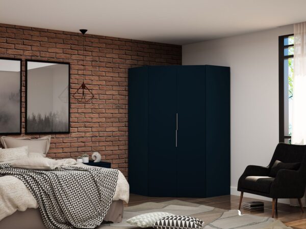 Manhattan Comfort Mulberry 2.0 Modern Corner Wardrobe Closet with 2 Hanging Rods in Tatiana Midnight Blue