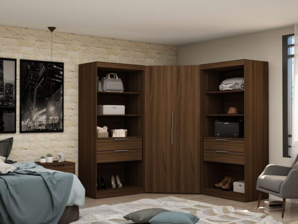 Manhattan Comfort Mulberry 2.0 Semi Open 3 Sectional Modern Wardrobe Corner Closet with 4 Drawers - Set of 3 in Brown