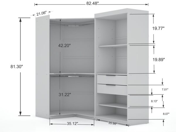 Manhattan Comfort Mulberry 2.0 Semi Open 2 Sectional Modern Wardrobe Corner Closet with 2 Drawers - Set of 2 in White