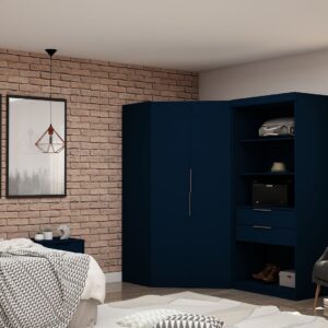 Manhattan Comfort Mulberry 2.0 Semi Open 2 Sectional Modern Wardrobe Corner Closet with 2 Drawers - Set of 2 in Tatiana Midnight Blue