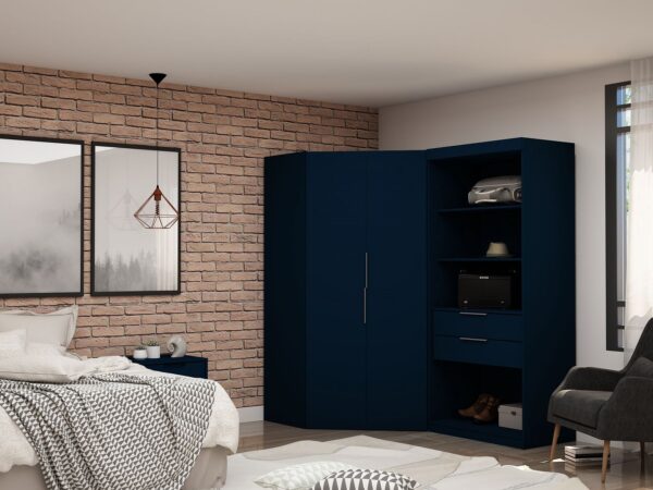 Manhattan Comfort Mulberry 2.0 Semi Open 2 Sectional Modern Wardrobe Corner Closet with 2 Drawers - Set of 2 in Tatiana Midnight Blue