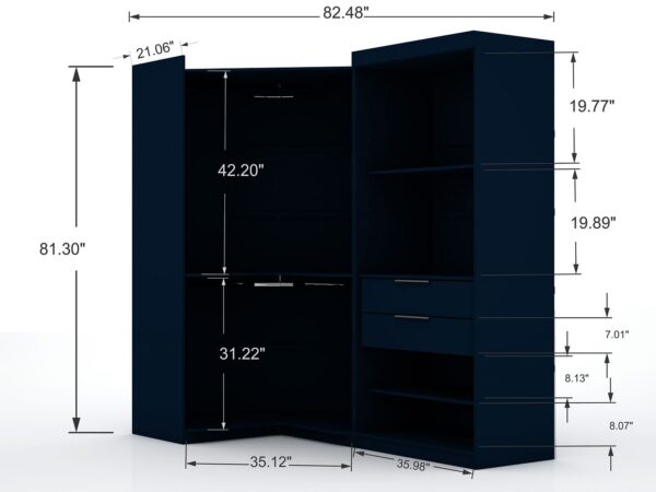 Manhattan Comfort Mulberry 2.0 Semi Open 2 Sectional Modern Wardrobe Corner Closet with 2 Drawers - Set of 2 in Tatiana Midnight Blue